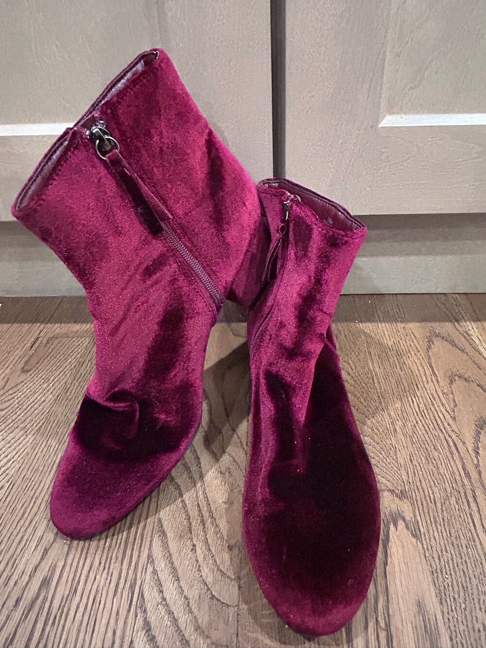 Burgundy Velvet Ankle Boots Low Block Heel Maroon Booties Fall Aesthetic 10 Cozy